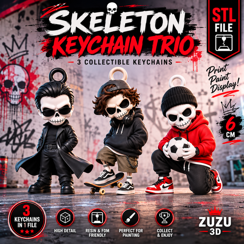 skeleton keychain trio stl 1